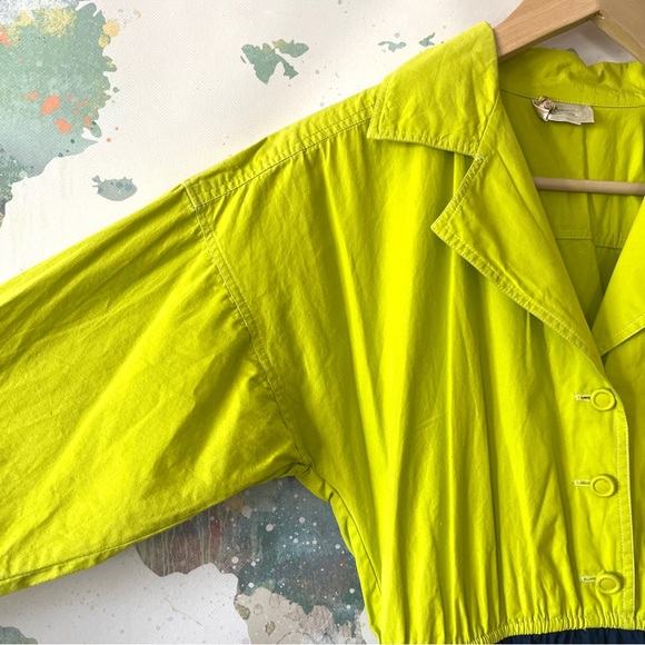 VTG Bonnie Strauss Dress Size 4 Chartreuse Navy Blue A-Line Cotton Pin-Up Retro - Picture 3 of 14